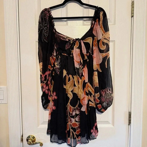 ✨NWT✨ Anthropologie Let Me Be Baby Doll Black Floral Mini Dress XS/P - Picture 4 of 6